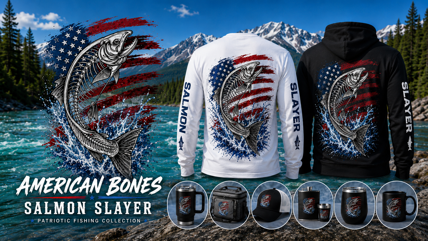 Shop the Leaping Salmon American Flag & Compass Roses Collection featuring fishing shirts, hoodies, hats, drinkware, cooler bags, and outdoor gear inspired by Alaska and the Kenai River.