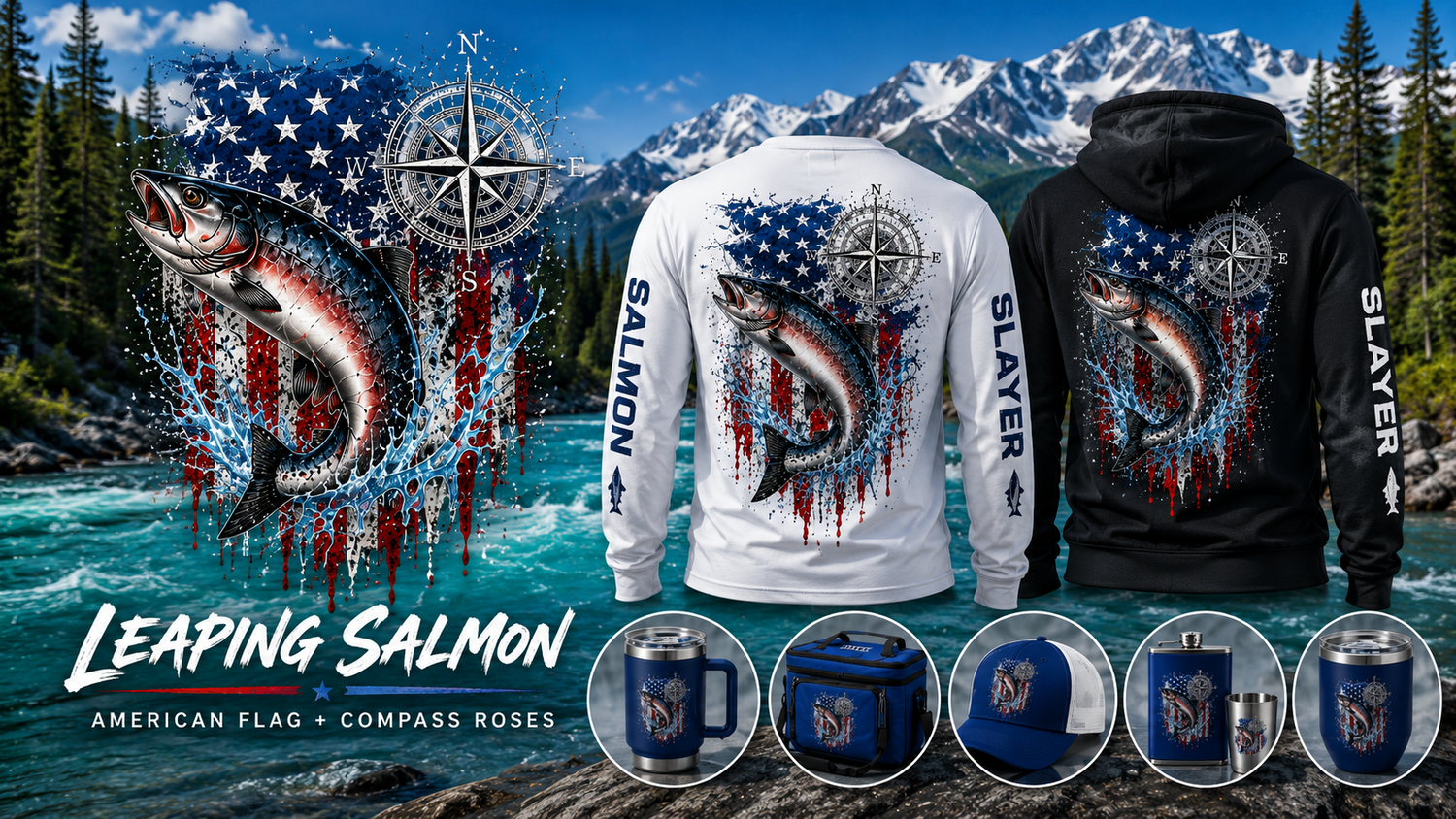 Bold, patriotic, and built for adventure. The Leaping Salmon American Flag & Compass Roses Collection features eye-catching apparel, hats, drinkware, and outdoor accessories inspired by Alaska fishing, the Kenai River, and the Salmon Slayer lifestyle.
