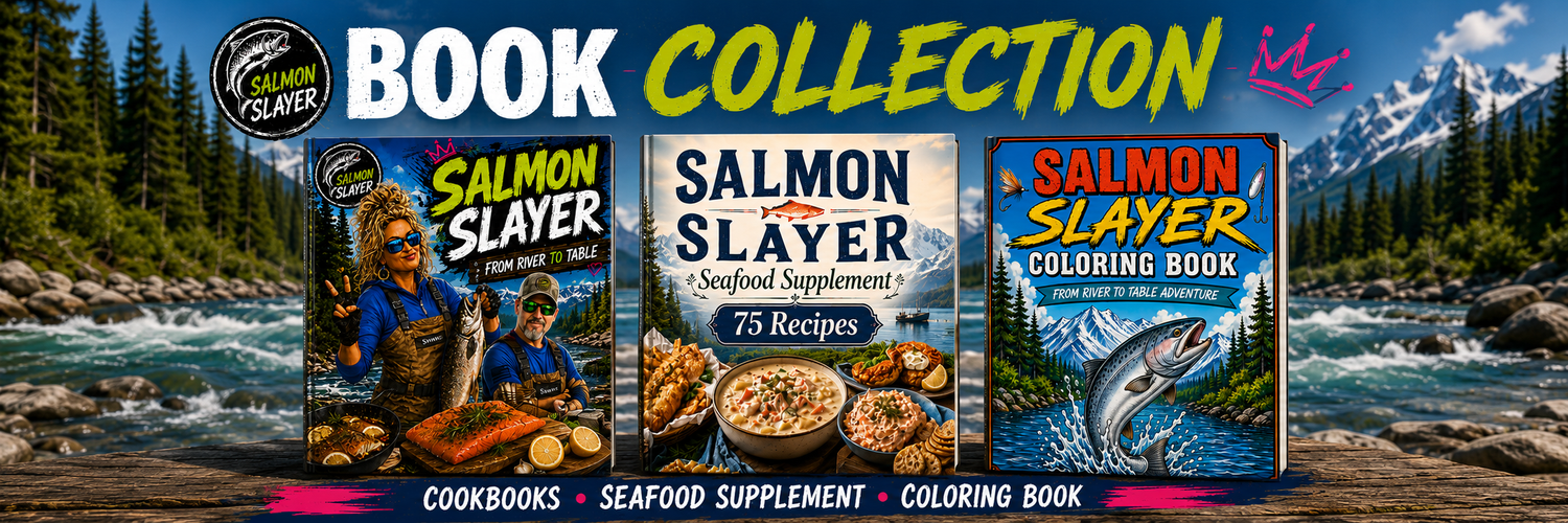 Salmon Slayer Cookbook and Coloring Book Collection featuring Alaska seafood cookbooks, salmon recipes, and fishing-themed coloring book with Kenai River inspired branding.