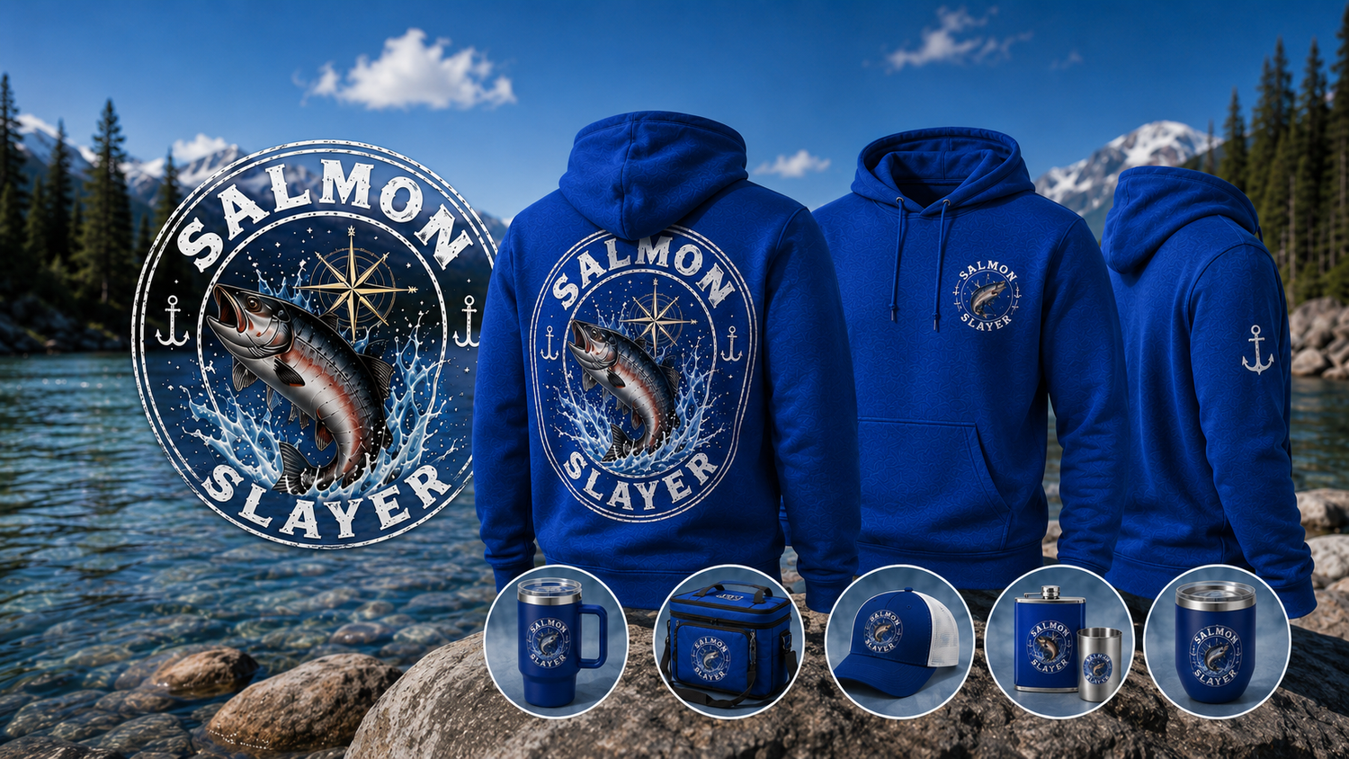 Shop the Salmon Slayer Fishing Legends Collection featuring royal blue hoodies, hats, drinkware, cooler bags, and outdoor lifestyle gear inspired by Alaska fishing and the Kenai River.