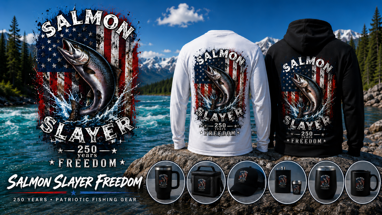 Shop the Salmon Slayer Freedom 250 Years Design featuring patriotic fishing shirts, hoodies, hats, tumblers, mugs, flasks, cooler bags, and outdoor accessories inspired by the Alaska fishing lifestyle.