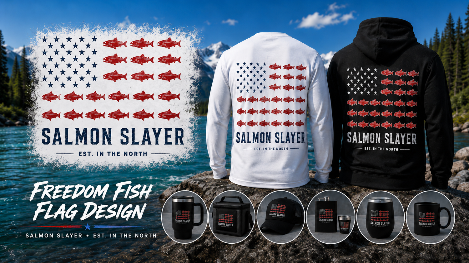 Salmon Slayer Freedom Fish Flag Design collection featuring white long sleeve shirt, black hoodie, hat, drinkware, flask, cooler bag, and accessories on the Kenai River.